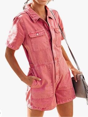 VIEWON Pink Short Sleeve Denim Romper